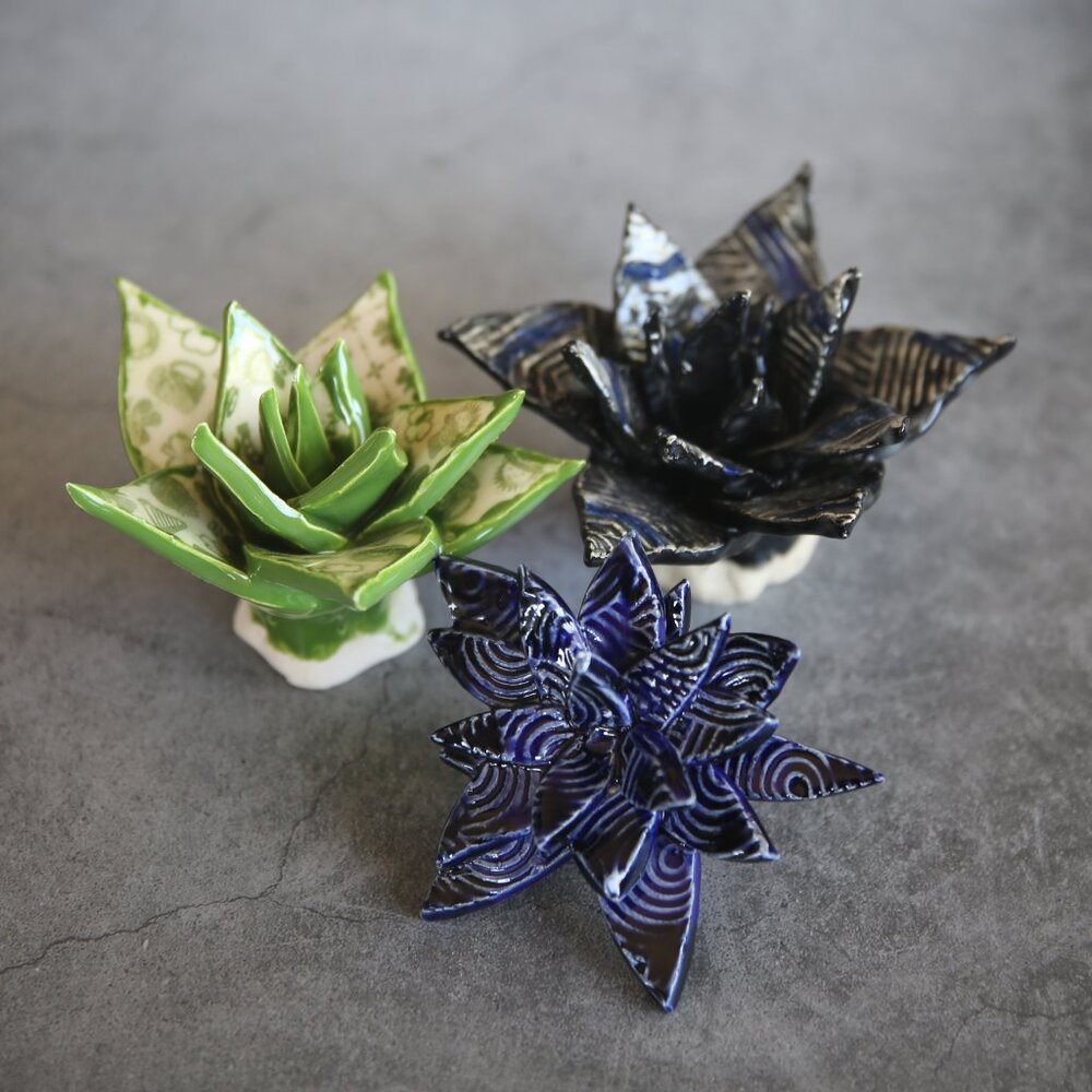 Set of Three Studio Pottery Textured Flowers Artist Signed